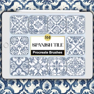 May include: A digital tablet displaying a collection of 100 blue and white Spanish tile patterns for Procreate brushes. The screen features a central text box reading 100 SPANISH TILE Procreate Brushes, surrounded by eleven distinct square tile designs.
