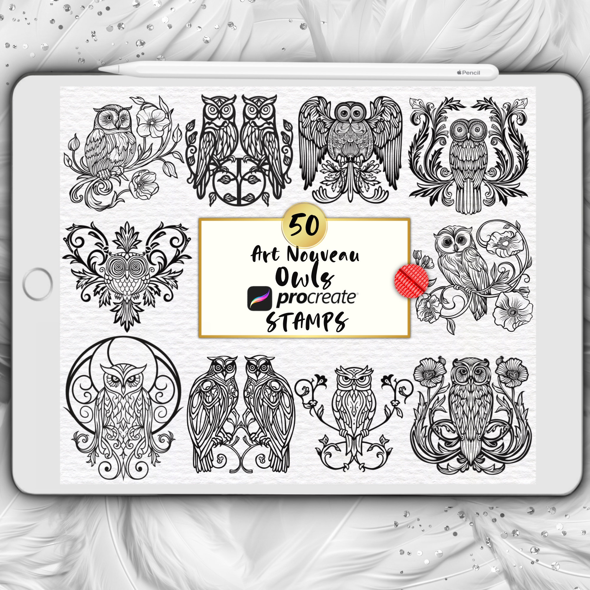 Owls Procreate Stamps Art Nouveau Procreate Brushes Vintage Owl Birds Stamps Retro Owls Procreate Ow