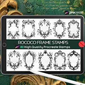 May include: A digital tablet displays a collection of Rococo frame stamps. The black and white frames have ornate, floral designs. The text on the screen reads "ROCOCO FRAME STAMPS" and "80 High Quality Procreate Stamps."