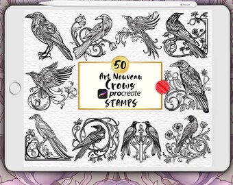 50 Art Nouveau Crow Procreate Stamps: Floral Vintage Ravens (Digital Brush Set)