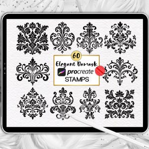 Procreate Damask Stamps, Baroque Flower Brushes, Botanical Victorian Brush Set, Ornate Vintage Heraldry, Antique Decorative Tattoo Stamps