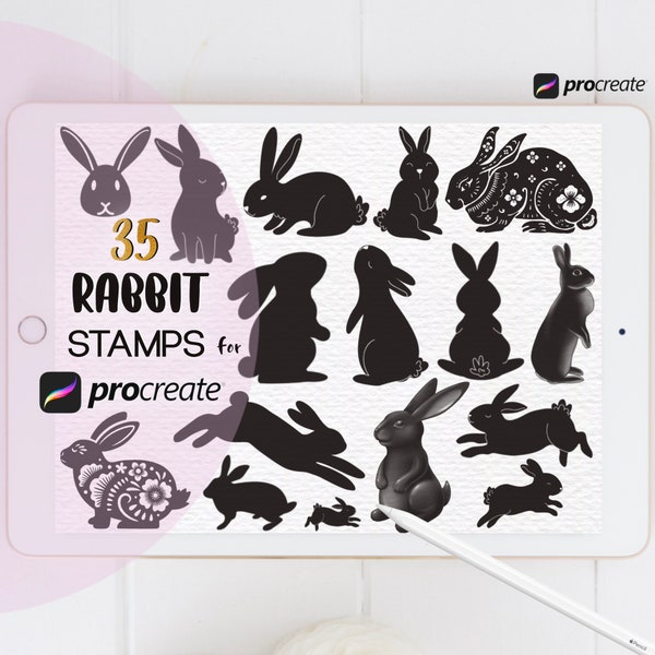 Rabbit Procreate Stamps, Rabbit Silhouettes, Black Rabbits, Cute Bunny, Bunnies, Rabbit Tattoo Stamps, Digital Brush Bundle, Hopping, Easter