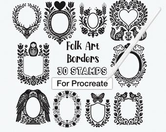 30 Folk Art Borders Procreate Stamps: Scandinavian Frame (Digital Brush Set)