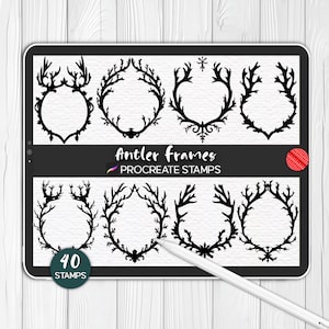 May include: A digital tablet screen displaying a set of 40 black and white antler frames, labeled "Antler Frames" and "Procreate Stamps".