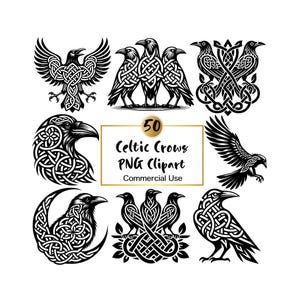 May include: A collection of eight black and white illustrations featuring crows and ravens with intricate Celtic knotwork patterns. A central rectangular frame contains the text 50 Celtic Crows PNG Clipart Commercial Use in black font.