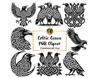 50 Celtic Crow Clipart: Nordic Gothic Raven PNG Designs (Digital Download)
