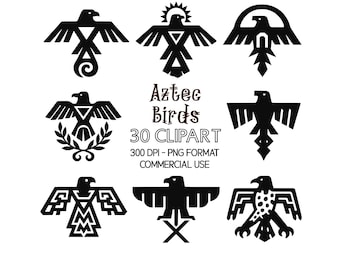 30 clipart di uccelli aztechi: silhouette tribali, arte dei tatuaggi dei nativi americani (download digitale PNG)
