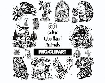 Pacchetto di 50 clipart di animali invernali celtici: grafica PNG con intrecci boschivi (download digitale)