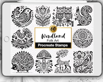60 Woodland Folk Art Procreate Stamps: Nordic Animal & Florals (Digital Brush Set)