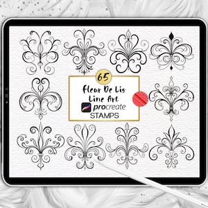 Fleur De Lis Procreate Brush Stamp Bundle, Fleur De Lis Elements, Fleur De Lis Line Art Tattoo Digital Download Ornate Digital Brush Set