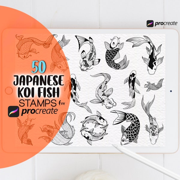 Koi Fish Procreate Stamps, Japanese Carp Fish Tattoo Stamps, Line Art, Outline, Silhouette, Koi Fish Brushes, Aquatic, Digital Brush Set