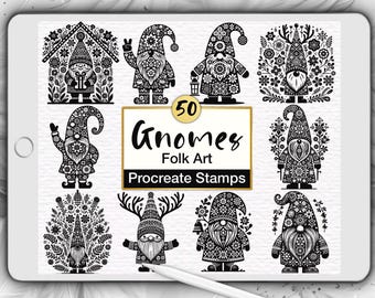 50 Gnome Procreate Stamps: Scandinavian Winter Folk Art (Digital Brush Set)