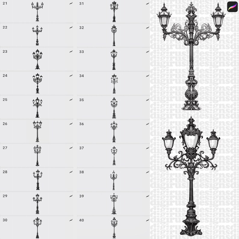 40 Ornate Street Light Procreate Stamps: Renaissance, Baroque Lamps ...