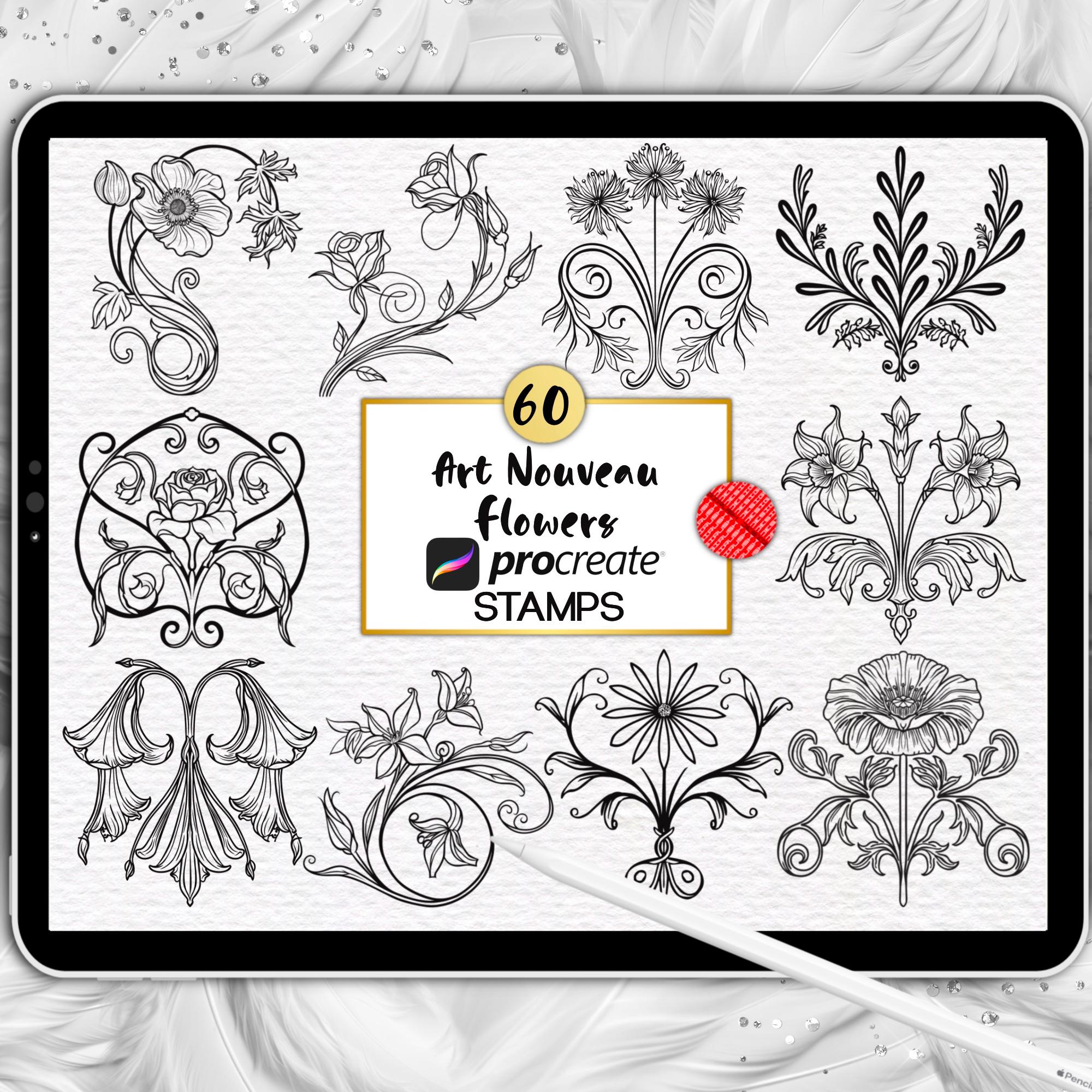 Art Nouveau Flowers Procreate Stamps - Elegant Floral Silhouette Retro ...