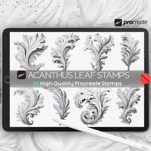 May include: A digital tablet displays eight grayscale acanthus leaf stamps. The text "ACANTHUS LEAF STAMPS" and "80 High Quality Procreate Stamps" are visible. A stylus rests on the screen, and the Procreate logo is in the upper right corner.