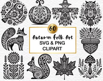 60 Autumn Folk Art SVG & PNG Clipart Bundle: Scandinavian Nordic Animals (Digital Download)