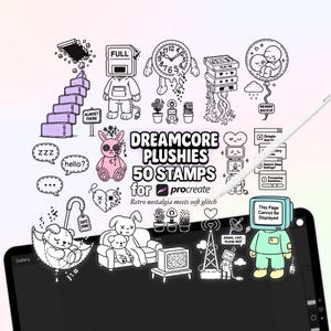 Puede incluir: Ilustración digital de sellos con temática dreamcore, incluyendo un reloj, un disquete y un peluche. El texto dice "DREAMCORE PLUSHIES 50 STAMPS for procreate". Diseño retro y glitch suave.