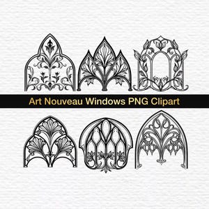May include: A collection of six black and white digital illustrations featuring intricate window designs with floral and organic motifs. The text Art Nouveau Windows PNG Clipart is displayed in a horizontal black bar across the center of the image.