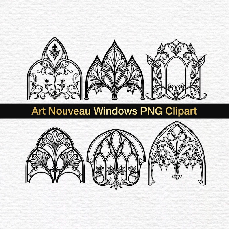 May include: A collection of six black and white digital illustrations featuring intricate window designs with floral and organic motifs. The text Art Nouveau Windows PNG Clipart is displayed in a horizontal black bar across the center of the image.
