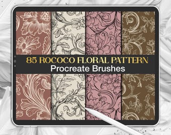 85 Rococo Floral Pattern Procreate Brushes: Seamless Damask Designs (Digital Brush Set)