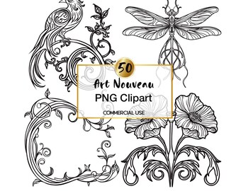 50 Art Nouveau Clipart: Floral Botanical Line Art PNG Bundle - Volume 2 (Digital Download)
