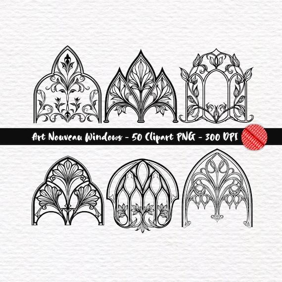 50 Art Nouveau Window Clipart: Gothic Floral PNGs (Digital Download)