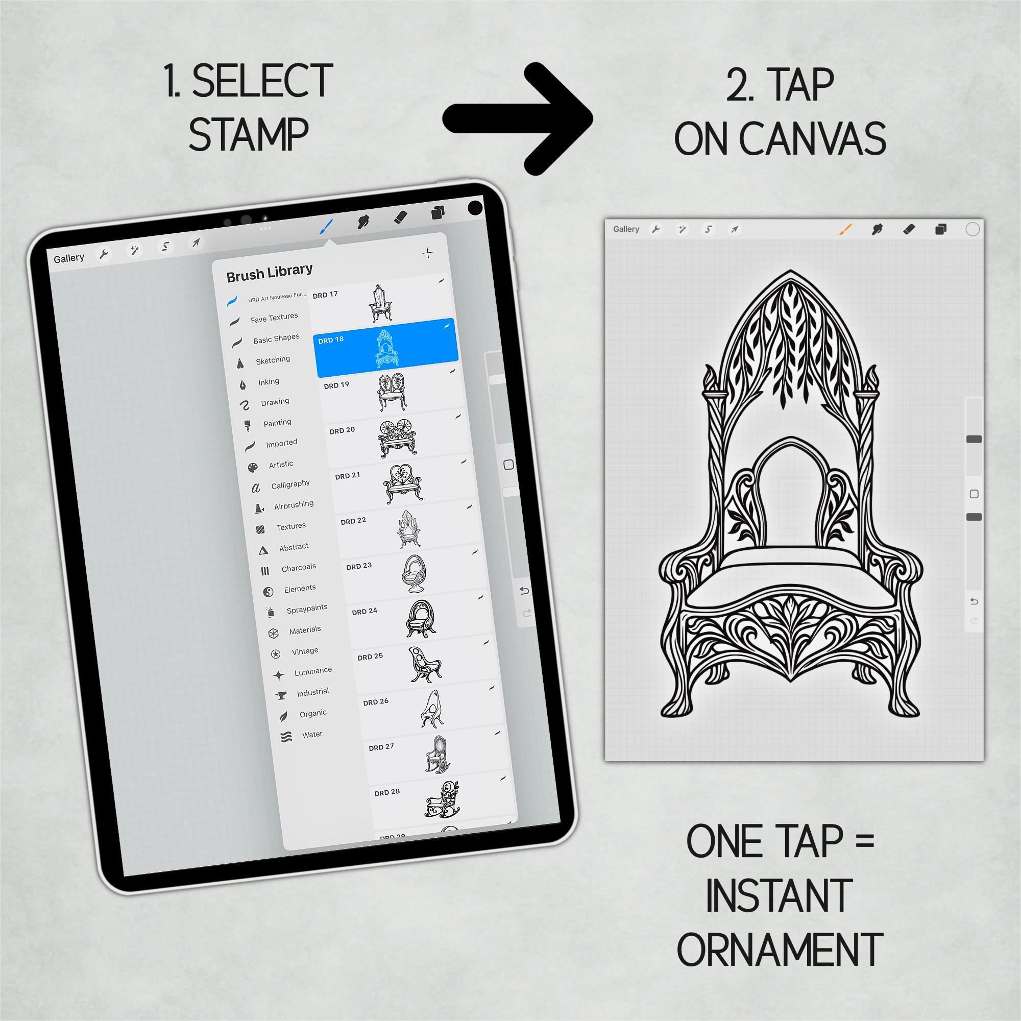 50 Art Nouveau Furniture Procreate Stamps: Vintage Interior Design ...