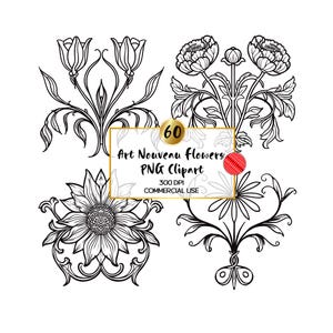 Art Nouveau Flores Clipart PNG Download Digital, Vintage Floral Botânico Linha Arte Clip Art, Ornamentado Art Deco Motivo Floral PNG Arquivo