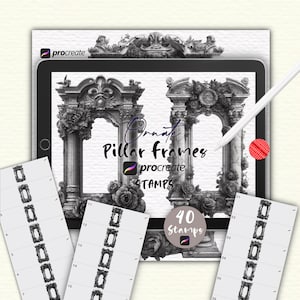 Op de afbeelding: Een digitaal kunstproduct weergegeven op een tablet, met sierlijke pilaarframe-stempels voor Procreate. De afbeelding toont twee gedetailleerde pilaarframe-ontwerpen met bloemaccenten, samen met een selectie van 40 stempelopties. Een stylus is ook aanwezig.