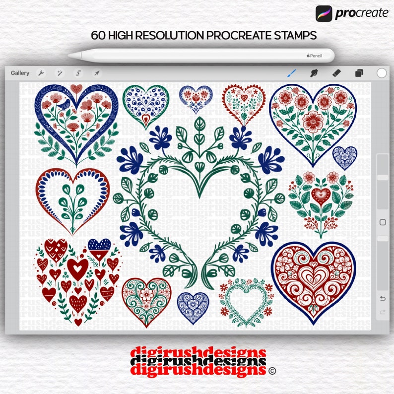 Procreate Folk Art Heart Stamps - Scandinavian Brushes, Nordic Digital ...