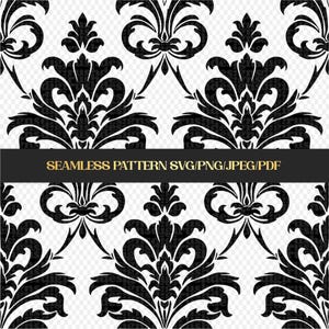 May include: A black and white damask seamless pattern featuring repeating ornate floral motifs. A horizontal black banner across the center displays the gold text SEAMLESS PATTERN SVG/PNG/JPEG/PDF, indicating the available digital file formats.