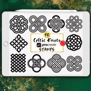 May include: A set of 40 black and white Celtic knot designs for Procreate. The designs are in the shape of circles, squares, and crosses. The text "40 Celtic Knots Procreate Stamps" is in a white rectangle with a red circle.