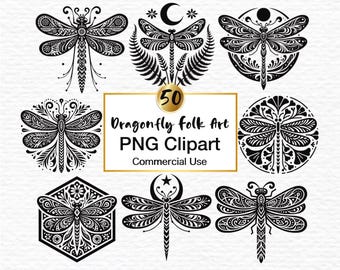 50 Dragonfly Clipart: Nordic Folk Art, Scandinavian Style Insects PNG (Digital Download)