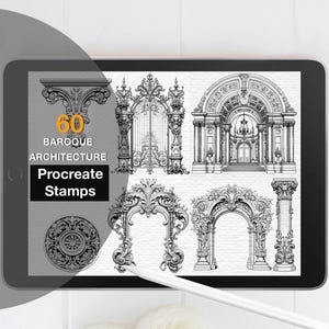 May include: A digital tablet screen displaying 60 Baroque architecture Procreate stamps. The screen shows black and white line art illustrations of ornate gates, arches, columns, and circular decorative motifs, with the text 60 BAROQUE ARCHITECTURE Procreate Stamps.