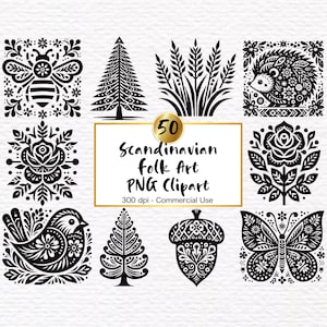 Clipart PNG di arte popolare scandinava - Download digitale di folklore nordico - Arte popolare botanica tradizionale Fiori e animali stampabili