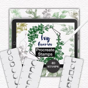 Może przedstawiać: Ekran tabletu cyfrowego wyświetla kolekcję stempli Procreate Ivy frames z ilustracjami zielonego bluszczu i czarną geometryczną ramką. Tekst zawiera napisy Ivy frames, Procreate Stamps oraz 40 STAMPS. Trzy białe arkusze pokazują ponumerowane podglądy stempli.