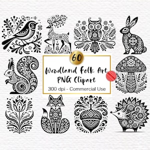 Art folklorique scandinave Woodland Clipart PNG Graphics - Folklore nordique en téléchargement numérique - Art folklorique botanique traditionnel fleurs & animaux