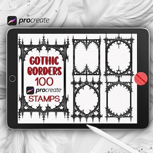 May include: A digital illustration of 100 gothic border stamps for Procreate. The image shows four different black gothic border designs on a white background. The text "Gothic Borders 100 Procreate Stamps" is displayed on the image.