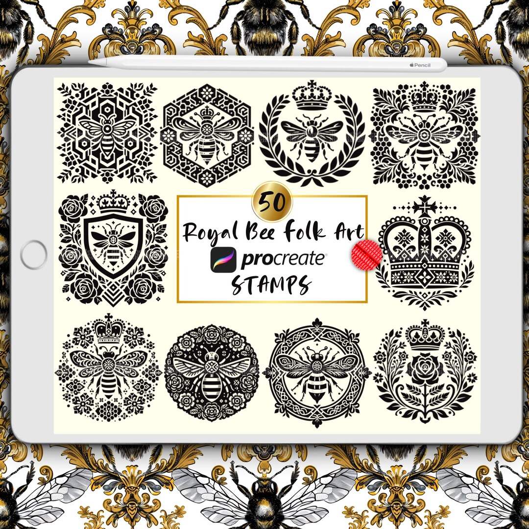 50 Procreate Bee Stamps: Royal Scandinavian Folk Art (digital Brush Set ...