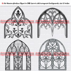 Art Nouveau Windows Clipart PNG Digital Download Gothic Window Clip Art PNG File Ornate Church Window Floral Line Art
