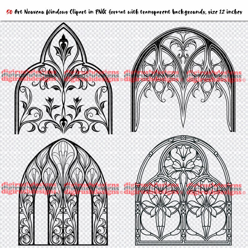 Art Nouveau Windows Clipart PNG Digital Download Gothic Window Clip Art PNG File Ornate Church Window Floral Line Art
