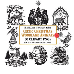 Bundle de cliparts PNG Noël celtique animaux de la forêt - dessin au trait noir, silhouette de cerf hiver noeud celtique, folklore animal tribal festif