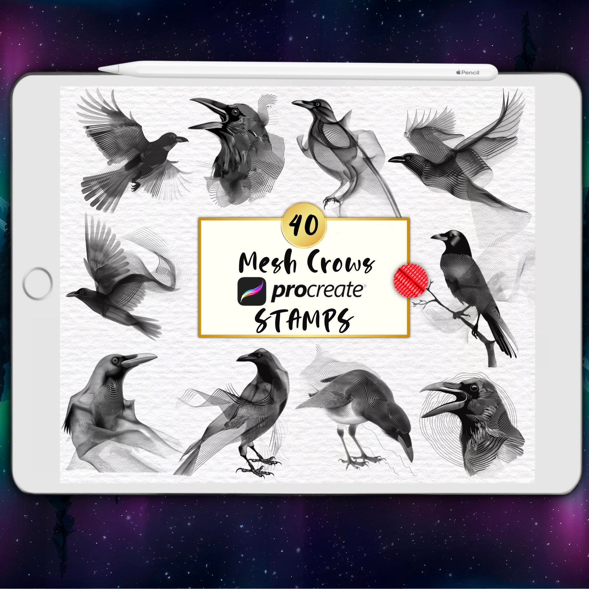 Crows Procreate Stamps, Mesh Crow Procreate Brushes, Realistic Crow Birds Stamps, Flying Raven Procreate Brush, Futuristic Crow Tattoo Stamp
