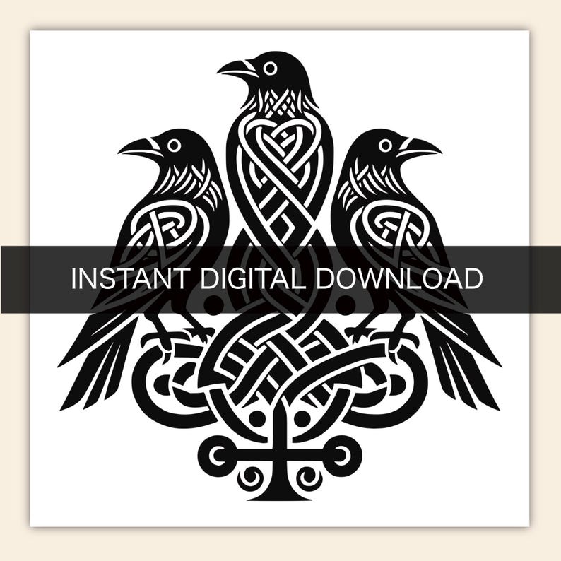 May include: A black and white digital graphic featuring three ravens arranged in a symmetrical composition. The birds are decorated with intricate Celtic knotwork patterns and are perched atop a central interlaced knot design. Text reads INSTANT DIGITAL DOWNLOAD.