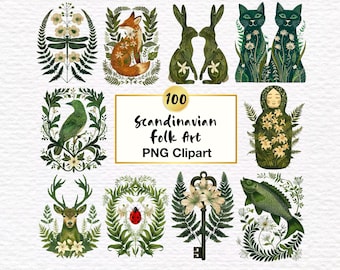 100 imágenes prediseñadas de arte popular escandinavo: animales florales nórdicos (descarga digital PNG)