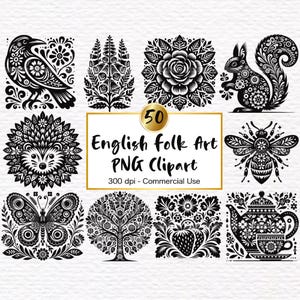 Volkskunst Clipart - Engels erfgoed PNG digitale download - Britse folklore clipartbundel - traditionele zwarte volksbloemen silhouet