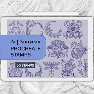 Könnte beinhalten: Ein digitaler Tablet-Bildschirm mit einer Sammlung dunkelblauer Strichzeichnungen auf hellviolettem Hintergrund. Der Text auf dem Bildschirm lautet Art Nouveau PROCREATE STAMPS und 50 STAMPS. Die Motive umfassen Blumen, einen Schwan, eine Libelle und einen Vogel.