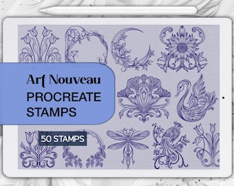 50 Art Nouveau Procreate-stempels: bloemenranden, kaders, silhouetten (digitale penseelset)