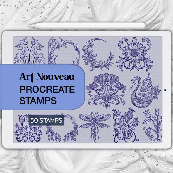 50 Art Nouveau Procreate Stamps: Floral Borders, Frames, Silhouettes (Digital Brush Set)