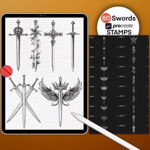 May include: A digital art display on a tablet shows eight detailed sword illustrations, with a variety of designs including crowns, leaves, and wings. The image also features a circular graphic with the text "80 Swords procreate STAMPS". A stylus is visible.